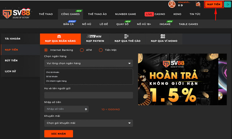 Hướng dẫn nạp tiền SV88