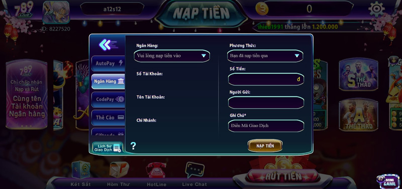 Hướng dẫn nạp tiền qua ngân hàng