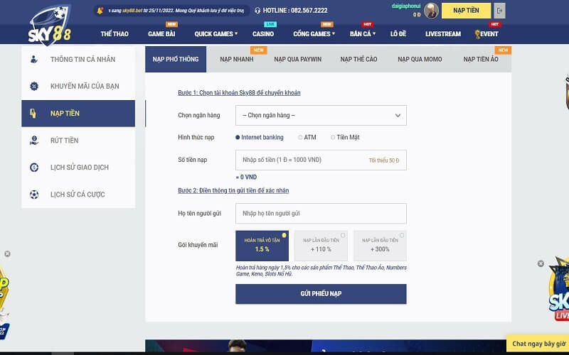 Nạp tiền vào trang web cược uy tín
